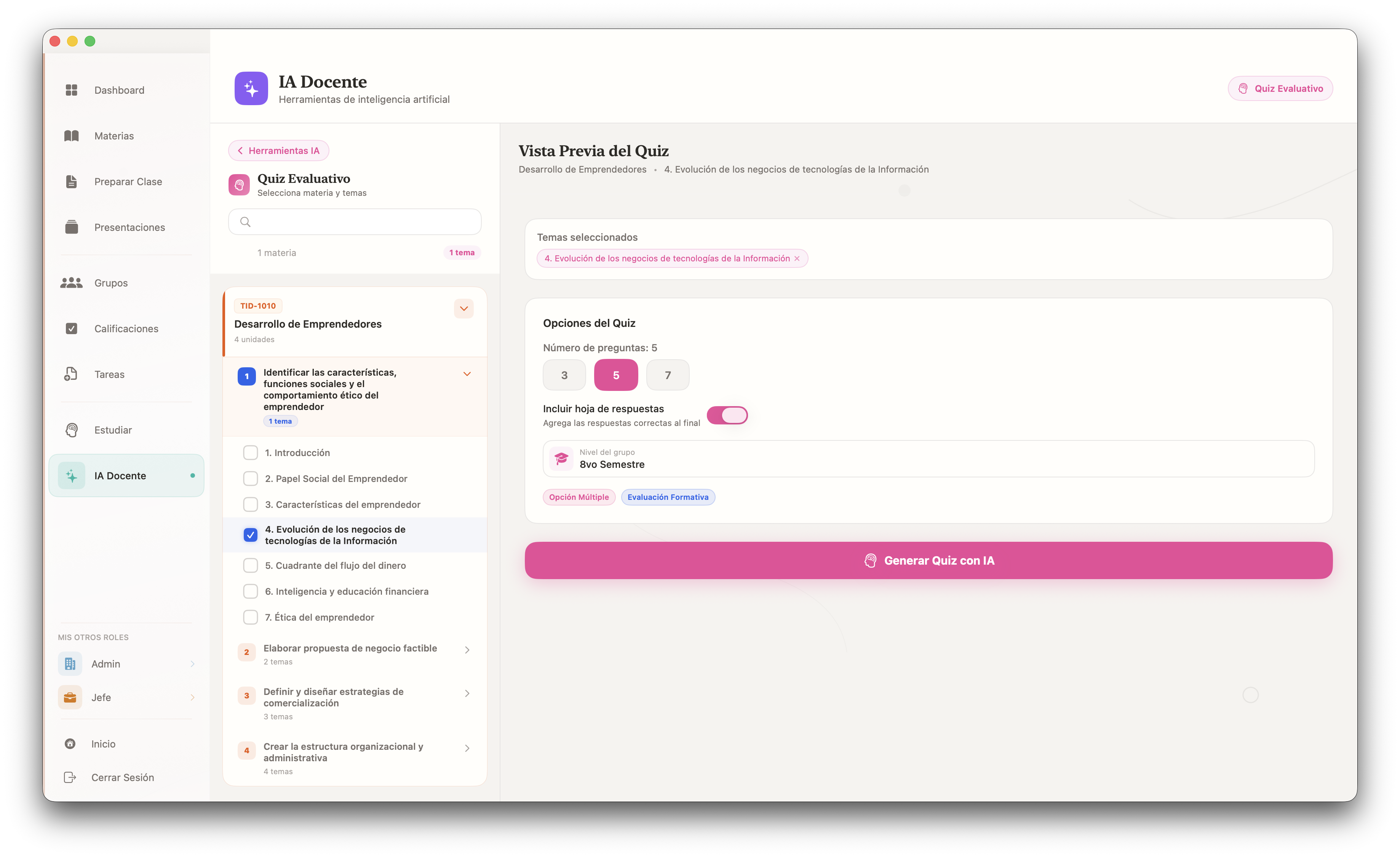 Quiz evaluativo generado con IA docente