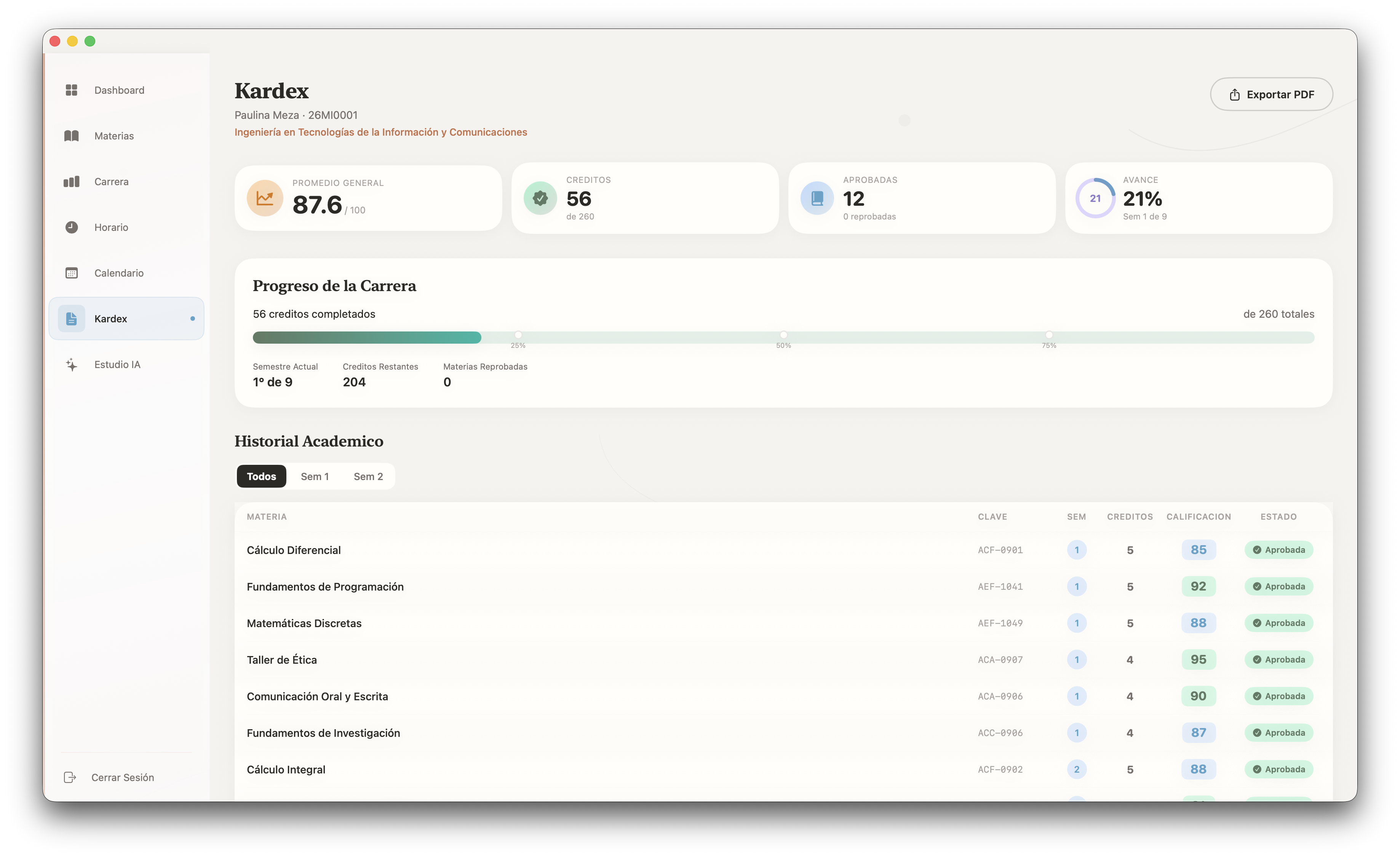 Kardex académico con calificaciones y progreso